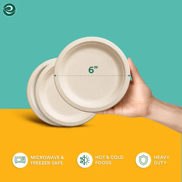 6 Inch Round Disposable Bagasse Plates (Pack of 125) - Image 2
